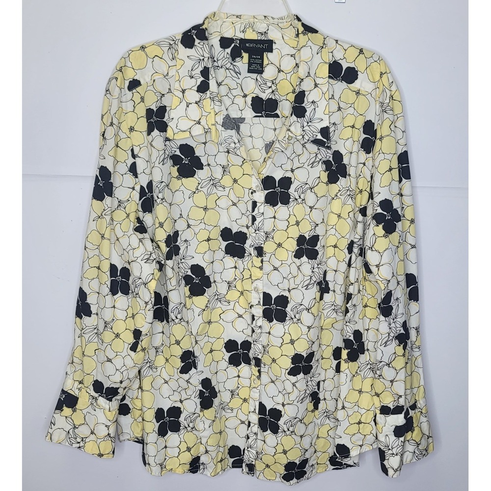 Lane Bryant Button Down Shirt Womens Plus 26/28 Yellow Black Floral Boho‎ Office
